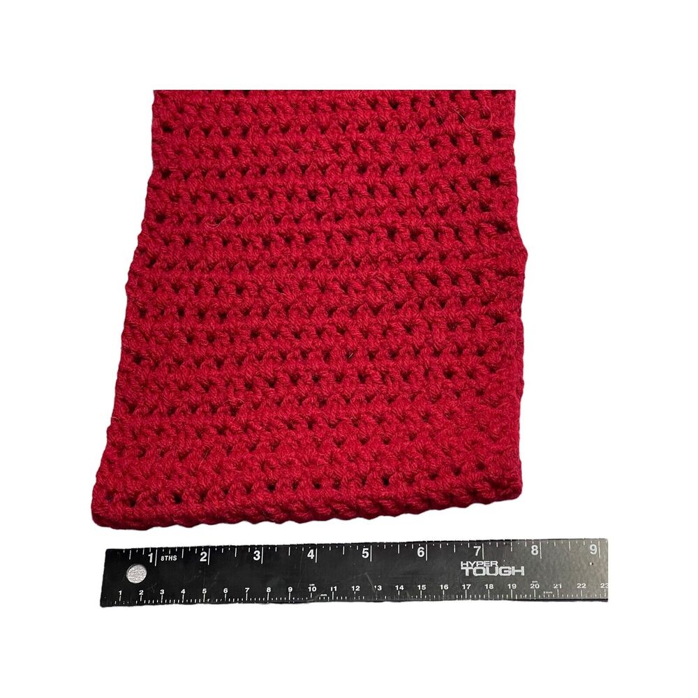 Women's Red Fringed Detail Boho Cozy Handmade Woven Crochet Rectangle Scarf - Picture 4 of 6